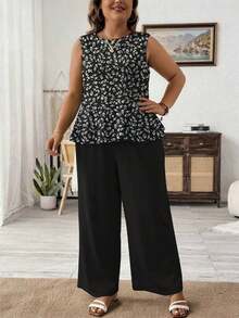 LUNE Conjunto de 2 Piezas para Mujer Talla Grande, Camisola de Verano de Color Sólido con Cuello Redondo y Volantes en el Bajo y Pantalón de Pierna Ancha Holgado - Multicolor 5 - Ver 4