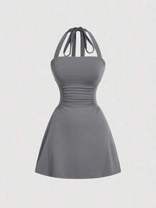 Vestido de mujer de unicolor con escote halter y cintura en línea A - Gris - Ver 1