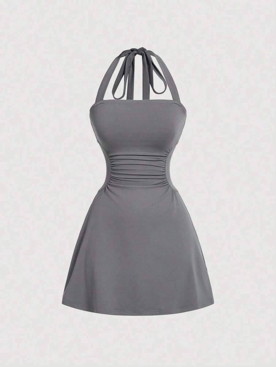 Vestido de mujer de unicolor con escote halter y cintura en línea A - Gris - Ver 1