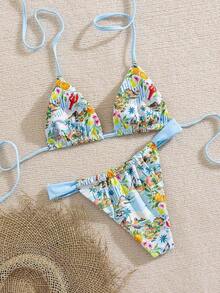 Swim Mod Conjunto de bikini de dos piezas con estampado de frutas y verduras en todo el diseño, con escote halter y lazos, para vacaciones de verano - Multicolor 2 - Ver 2