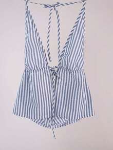 Parte superior de camisa de tirantes con cuello halter a rayas, camiseta de gráficos de verano para mujer - Celeste - Ver 7