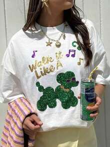 Women's Oversized Short-Sleeve T-Shirt With Glitter Poodle Graphic Print And Musical Note, Crew Neck, Y2K Style, Cute Aesthetic, Loose Fit, Casual Top, Breathable And Lightweight, Perfect Streetwear For Mardi Gras Celebrations, Everyday Wear, Music Festivals, Vacations, Weekend Getaways, Street Style, College Campuses, And Casual Summer Outfits. H4IP - White - View 1