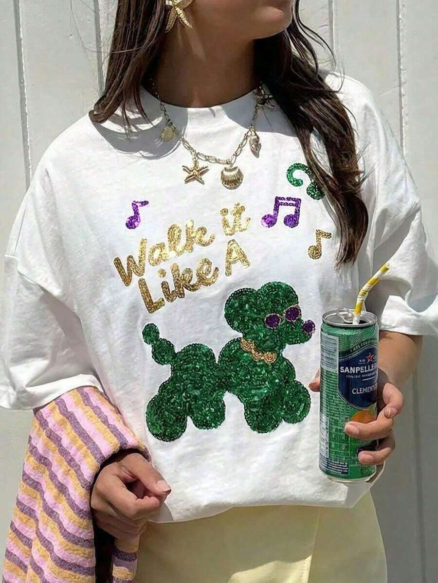 Women's Oversized Short-Sleeve T-Shirt With Glitter Poodle Graphic Print And Musical Note, Crew Neck, Y2K Style, Cute Aesthetic, Loose Fit, Casual Top, Breathable And Lightweight, Perfect Streetwear For Mardi Gras Celebrations, Everyday Wear, Music Festivals, Vacations, Weekend Getaways, Street Style, College Campuses, And Casual Summer Outfits. H4IP - White - View 1