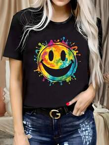 Camiseta Casual de Talla Grande para Mujer - Estampado Geométrico Colorido y Alegre, Cuello Redondo Manga Corta, Tejido Elástico, Lavable a Máquina, Ropa Cómoda para Primavera/Verano, Prenda Diaria para Todas las Estaciones - Negro - Ver 2