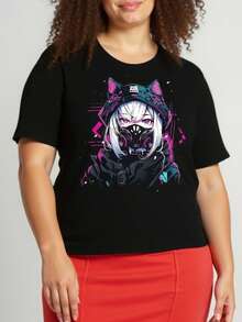 Women's Fashion Casual T-Shirt Plus Size 0-8XL, Unique And Vibrant Anime Style Design With Pink Cat Ears And Mask, Modern Base Layer For Everyday Outings - 黑色 - 查看 7