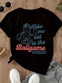 1 Piece "Take Me To The Game" Baseball Fan T-Shirt With Classic Peanut Character Design For Women And Men, Summer Casual Wear, 180g 100% Cotton - 黑色 - 查看 4