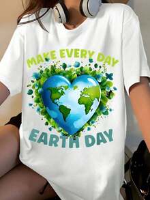 1 Piece T-Shirt With Heart Design "Make Every Day Earth Day" For Earth Day,  Awareness Gift For Women, Men, Unisex, Casual Wear, 180g, 100% Cotton. - 白色 - 查看 7