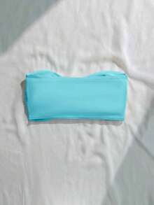 Top de bikini bandeau de un solo color con efecto retorcido - Celeste - Ver 2