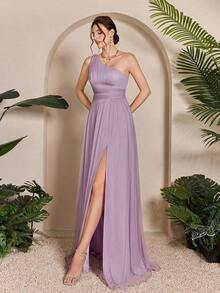 Vestido de malla con un hombro asimétrico, pecho fruncido, recorte hueco y abertura alta en A, vestido de dama de honor para boda, color rosa, primavera - Púrpura malva - Ver 4