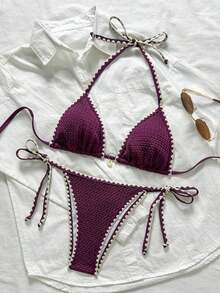 Conjunto de bikini de 2 piezas para mujer de verano con tela jacquard de unicolor, volantes en el borde y tirantes ajustables - Morado - Ver 3