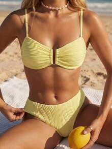 Swim Conjunto de bikini de verano para mujer de unicolor con pliegues y sexy - Amarillo - Ver 2