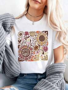 Women's Plus Size Summer Top With Crew Neck, Short Sleeves, Graphic Print Of Birds, Flowers And Blossoms In A Bohemian And Popular Style - 白色 2 - 查看 1