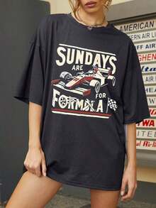 Women's Vintage Racing Car Design T-Shirt - Letter Print, Casual Silhouette, Comfortable Polyester Crew Neck T-Shirt For Spring And Summer, Machine Washable, Comfortable Everyday Wear | Crew Neck T-Shirt | Polyester Fabric, Women's T-Shirt - 黑色 - 查看 1