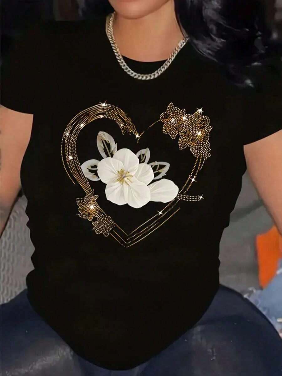 Round Neck T-Shirt With Heart-Shaped Floral Print For Summer Flowers 1 Butterfly Insect Print Casual Sweet Sexy Party Elegant None Appliques Beach Night Out Holiday Sporty Office Home Autumn Heart Graphic - 金色底黑色 - 查看 1