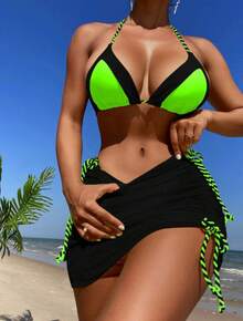 Nuevo traje de baño sexy de tres piezas con bikini de color contrastante para mujer. - Rosa Fucsia - Ver 8