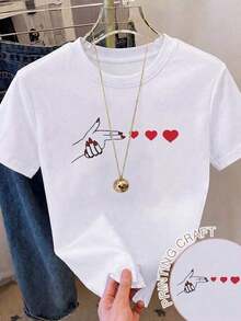 100% cotton Camiseta de manga corta con cuello redondo y estampado de corazón para mujer, estilo casual de verano. - Blanco - Ver 1