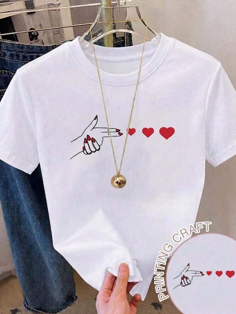100% cotton Camiseta de manga corta con cuello redondo y estampado de corazón para mujer, estilo casual de verano. - Blanco - Ver 1