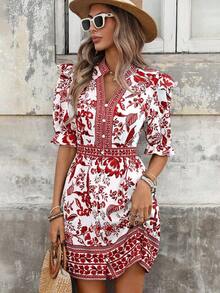 Vestido corto de té estilo palacio francés con cuello en V, mangas abultadas, dobladillo con volantes, estampado de porcelana azul y blanco vintage para mujer - Rojo - Ver 12