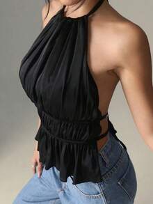Camiseta sin mangas de satén con pliegues, cuello de halter y espalda descubierta, unicolor, de uso casual para mujer - Negro - Ver 3