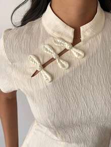 Blusa de cuello Mao de manga corta con cintura ceñida, estilo chino nuevo en color albaricoque, nuevo diseño de primavera/verano para mujer - Albaricoque - Ver 3