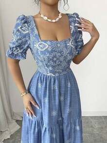 Vestido de línea A con cintura ceñida, cuello cuadrado y estampado, elegante para vacaciones, uso diario, de manga corta - Azul lavado medio - Ver 3