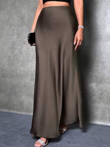 Falda de estilo de cola de sirena de unicolor para mujer, falda de satén, falda larga elegante, adecuada para fiestas y uso diario - Café integral - Ver 6