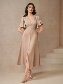 Vestido con abertura en el muslo, mangas de mariposa y botones delanteros para mujer - Camel - Ver 1