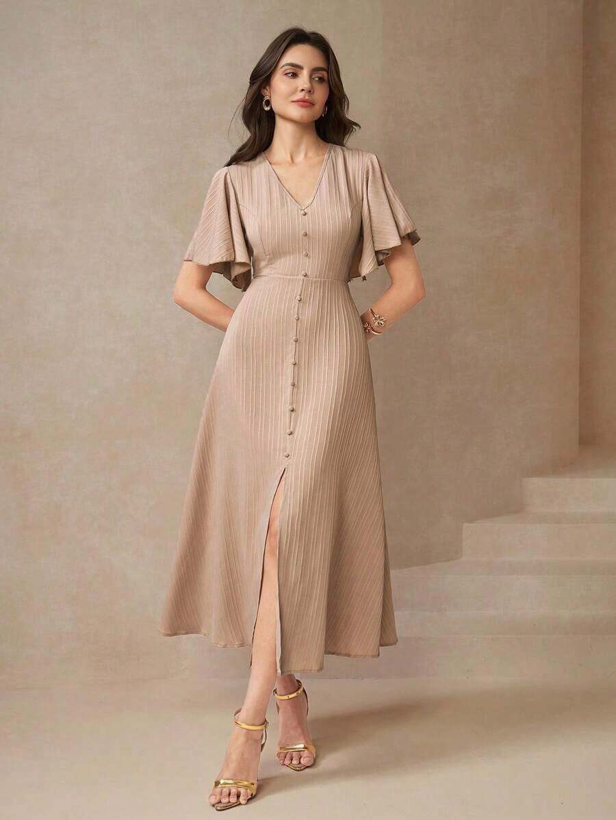 Vestido con abertura en el muslo, mangas de mariposa y botones delanteros para mujer - Camel - Ver 1