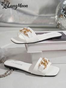LangMoon 2026 New White Metal Chain Square Toe Flat Women's Fashion Slippers, Simple Solid White Upper + Luxurious Double Chain Rhinestone Decor, Soft Sole Non-Slip Durable Comfortable, Versatile Flattering Fit For Vacation, Commute, Shopping, Party, Spring/Summer Slip-On - White - View 8