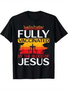Unisex Christian T-Shirt "Fully Vaccinated With The Blood Of Jesus", Casual T-Shirt With Crown Of Thorns And Cross, 100% Pure Cotton, Comfortable Colors, Short Sleeve And Round Neck Design, New Women's Slim Fit T-Shirt With Round Neck, Spring/Summer Design Style, Couple Style, Perfect To Wear Together. - 黑色 - 查看 7