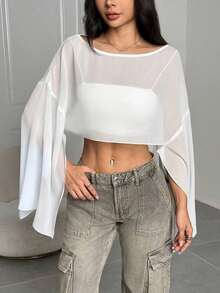 Blusa corta suelta de mangas de murciélago y cuello redondo de unicolor para mujer, de manga tres cuartos, para primavera/verano - Blanco - Ver 1