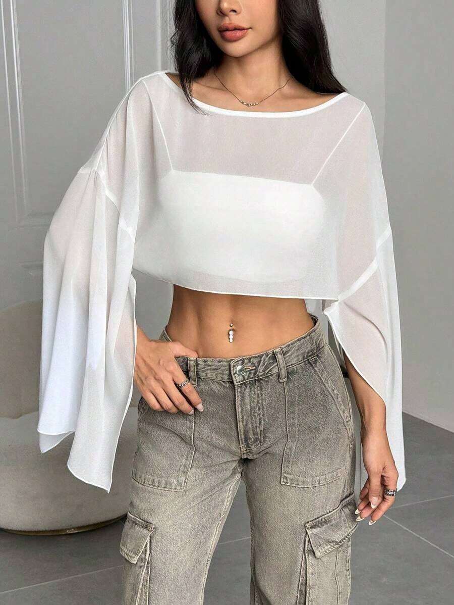 Blusa corta suelta de mangas de murciélago y cuello redondo de unicolor para mujer, de manga tres cuartos, para primavera/verano - Blanco - Ver 1