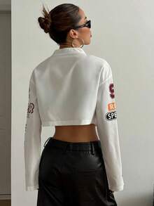 HypeZone Women's Streetwear Motorcycle Cropped Jacket,Ladies Spring/Fall Casual Button Front Drop Shoulder Stand Collar Loose White Colorblock,Letter Women Lightweight Jackets,Casual Daily Wear - 橘色 - 查看 9