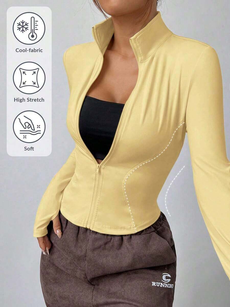 Chaqueta de manga larga de punto ajustada con protección solar para mujer en otoño/invierno, color albaricoque - Amarillo - Ver 1