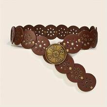 1pc BOHO 's Belt, Vintage Distressed Antique Bronze Carved Buckle, Hollowed-Out Round Metal Eyelets, Rivet Detailing, Suitable For Pairing With Skirts And Pants, Ideal For Parties, Gatherings, And Holidays - 棕色 - 查看 8