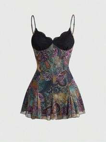 ROMWE Fairycore Vestido mini con tirantes finos, de corte holgado, con estampado floral bohemio, romántico y gótico para mujeres - Multicolor 2 - Ver 9