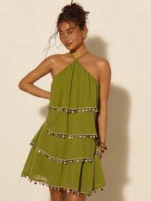 Vestido camisola sin espalda con decoración de colgante multicapa, diseño de falda multinivel, decoración de colgante especial para vacaciones, adecuado para vacaciones en la playa, vestido de gasa fluido, vestido verde, cita, vestido esencial de verano - Verde - Ver 3