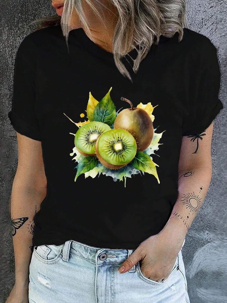 Camiseta estampada de en acuarela, cuello redondo casual de manga corta para primavera y verano, ropa de mujer - Negro - Ver 1