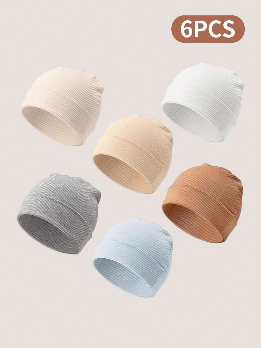 6pcs/Set Newborn 0-6M Solid Color Soft Warm Protective Hats, Simple Daily Use For Infants - Multicolor - View 1