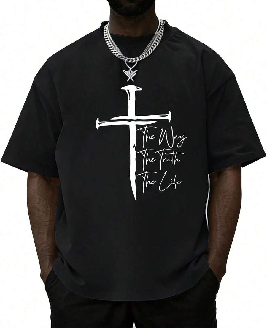 Camisetas Cristianas para Hombre, Camiseta con Cruz de Fe, Camisetas Religiosas de Jesús, Camisetas con Versículos Bíblicos Inspiradores, Camisetas Gráficas de Talla Grande LQSN - Negro - Ver 1