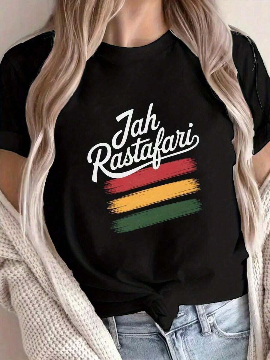 Camiseta de Mujer 100% Algodón con Bloques de Color - Patrón Jah Fari de Inspiración Reggae, Verde, Amarillo, Rojo, Dorado y Rayas - Top Casual de Manga Corta con Cuello Redondo, Suave y Transpirable para Verano y Primavera, Adecuado para Festivales, Uso Casual y Moda - Ropa de Verano Geometric Pr2026 para Mujer, Ropa Urbana para Mujer, Ropa Caprichosa Adecuada para primavera, verano y otoño - Negro - Ver 1