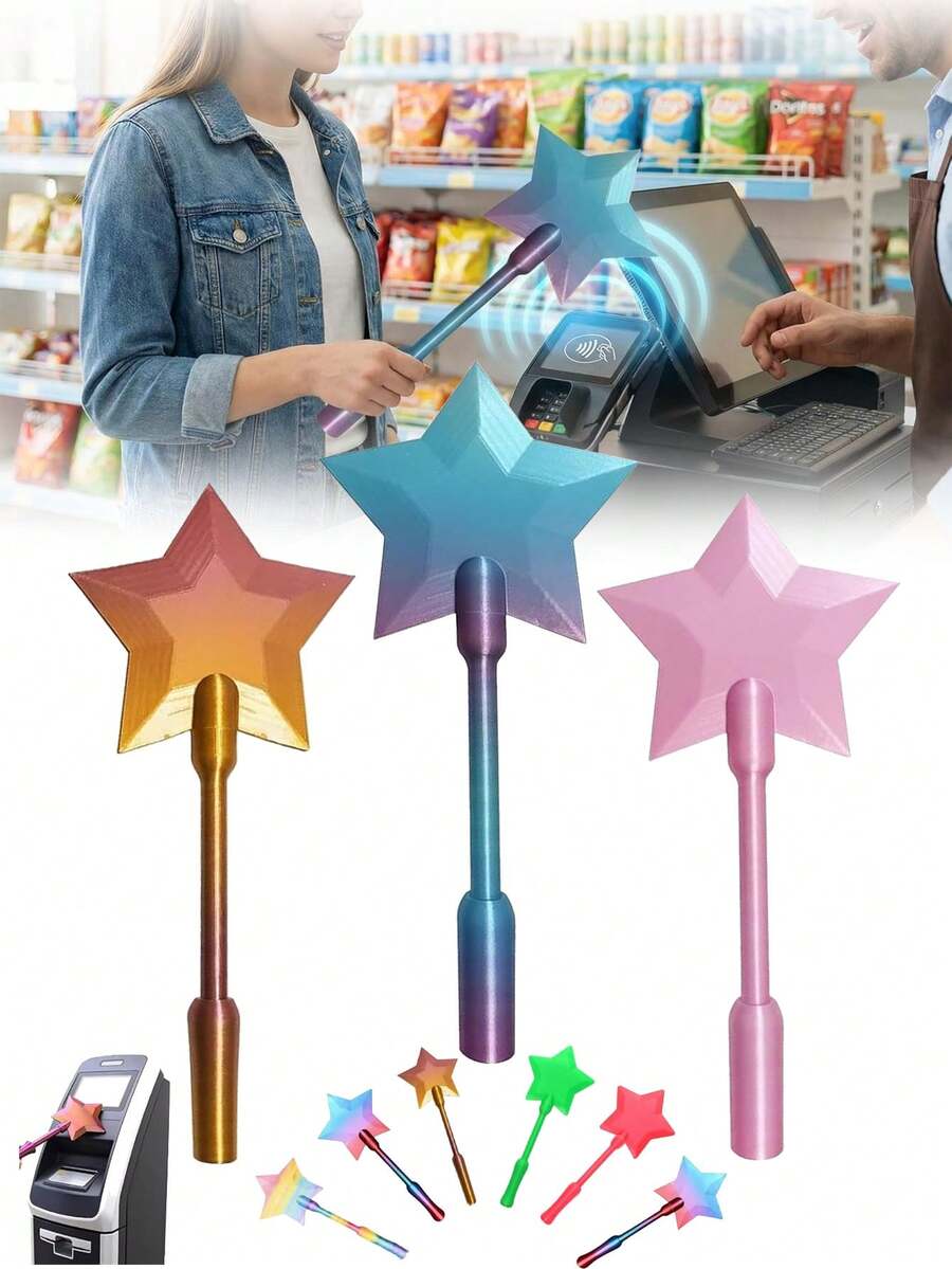 3D列印觸控感應支付星星魔杖,魔杖信用卡夾,感應式支付金融卡夾,數位支付星星魔杖-適合惡作劇、派對與派對禮物(漸層顏色位置隨機,以最終產品為準) - 查看 1