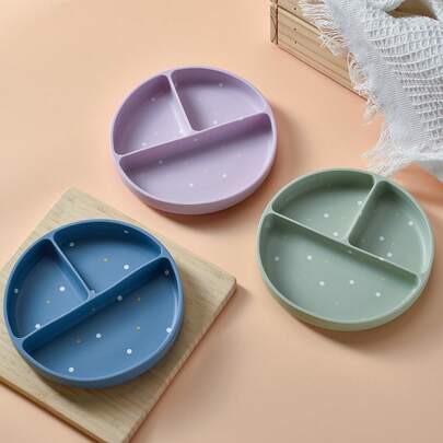 1-Piece Suction-Cup Baby And Toddler Tableware, Made Of Silicone, Non-Slip, With A Compartmentalized Design Suitable For Picky Eaters, Microwave And Dishwasher , Available In Purple, Green And Blue.