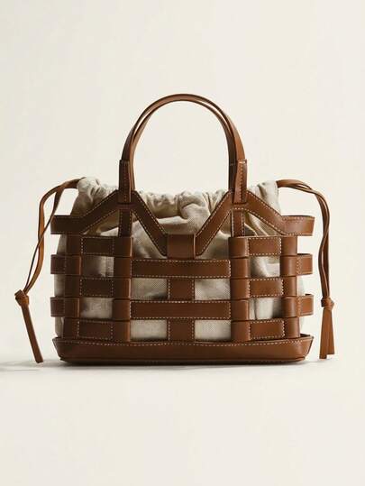 Woven Cage Tote Bag, Structured Large Handbag For Everyday & Resort Style Structured Woven Design With A Modern Minimalist Silhouette Spacious Interior For Daily Essentials, Work Items, And Travel Needs Soft Canvas Drawstring Inner Pouch Adds Texture And Functionality Comfortable Top Handles For Easy Everyday Carrying Perfect For Office, Shopping, Travel, And Elevated Casual Styling
