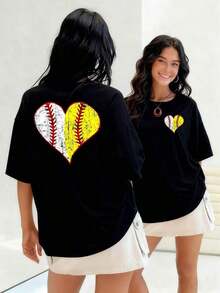 Baseball And Softball Heart Design With A Distressed Finish Combines Sports Passion With A Vintage Touch. This Women's T-Shirt, Made Of 100% Cotton, Lets You Show Your Love For Sports With A Unique Design That Captures The Essence Of The Game. Suitable For Spring, Summer, And Fall. - 黑色 - 查看 7