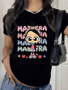Fashion Printed T‑Shirts for Women, Oversized Streetwear Tops, Comfortable and Stylish All‑Match Summer TeesDibujo tierno de maestra caricaturesca con letras coloridas corazones manzanas y flores que expresan cari? o y gratitud camiseta para mujer algodón cómoda y moderna - Negro - Ver 8