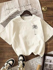 Women's Short-Sleeved T-Shirt With Round Neck And Palm Print, Summer Beachwear For Vacation. - Nude - 查看 3