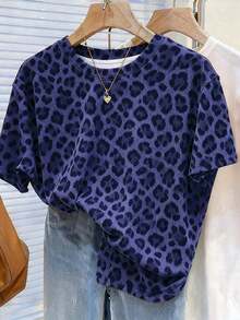 Camiseta casual de mujer de cuello redondo y manga corta con estampado digital de leopardo rosa, un regalo para amigos - Multicolor 3 - Ver 1