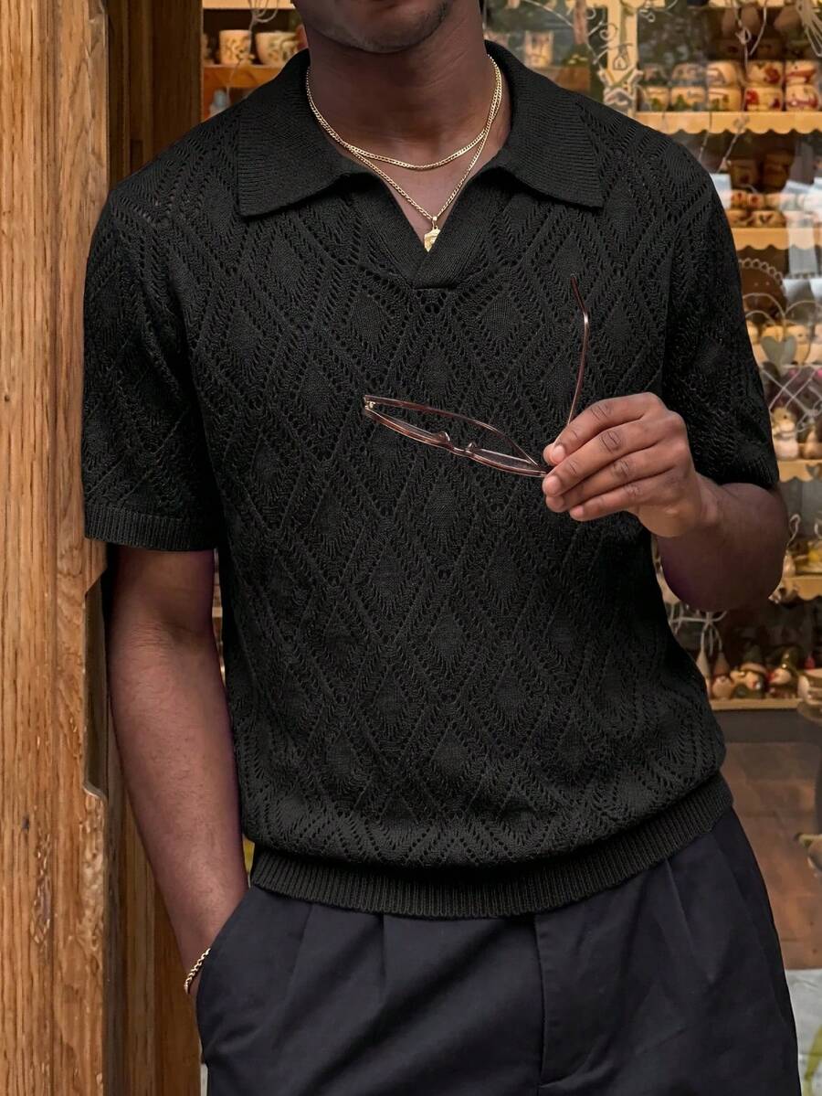 ANDREILEE Herr Ny Casual Löst Minimalistisk Enfärgad Diamantmönster Elegant Nischdesign Mångsidig Pendling Polokrage Kortärmad T-shirt Stickad Topp, Vår/Sommar - Svart - Visa 1