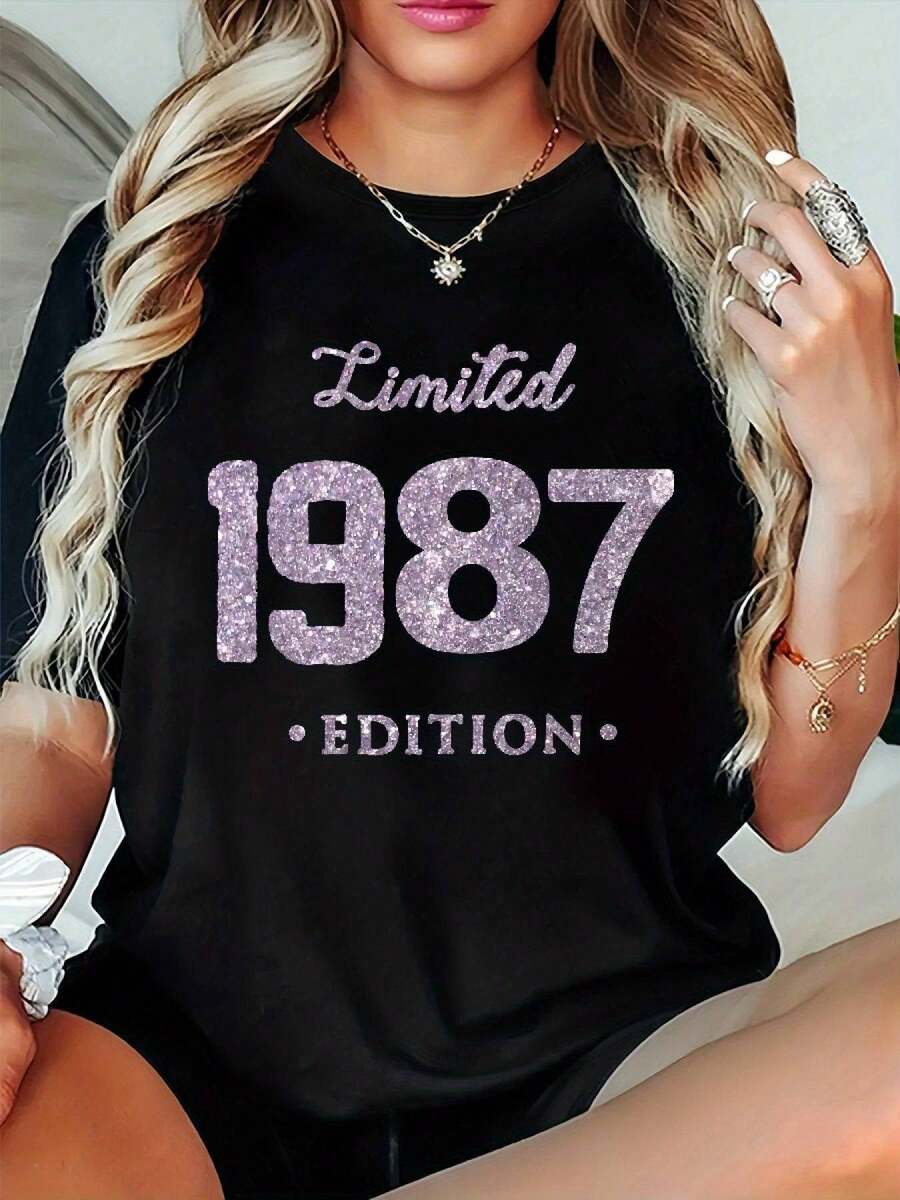 Plus Size, 1 Women's Limited Edition 1987 Vintage Graphic T-Shirt - Retro '87 Tee With Glitter Accent - Plus Size Crew Neck - Breathable And Stretchy Everyday Tee - Machine Washable, Casual And Formal Outfits - Birthday/Anniversary Gift Idea - Stylish Women's Clothing, Seasonal Wardrobe Standard, Bold Print Design, Durable Construction, Fashion Lovers - 黑色 - 查看 1